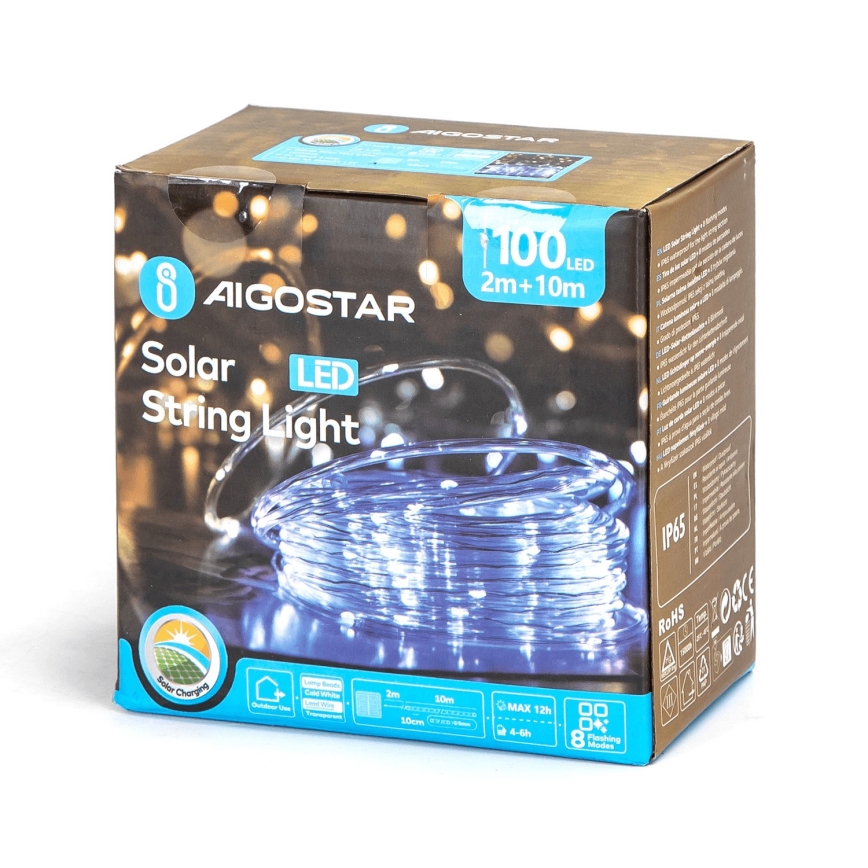 Aigostar - Luzes de Natal LED	solares 100xLED/8 funções 12m IP65 branco frio 800 mAh