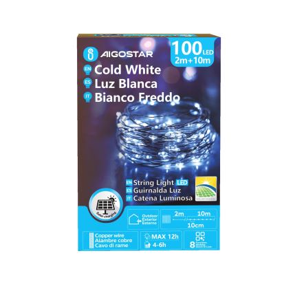 Aigostar - Luzes de Natal LED	solares 100xLED/8 funções 12m IP65 800 mAh branco frio