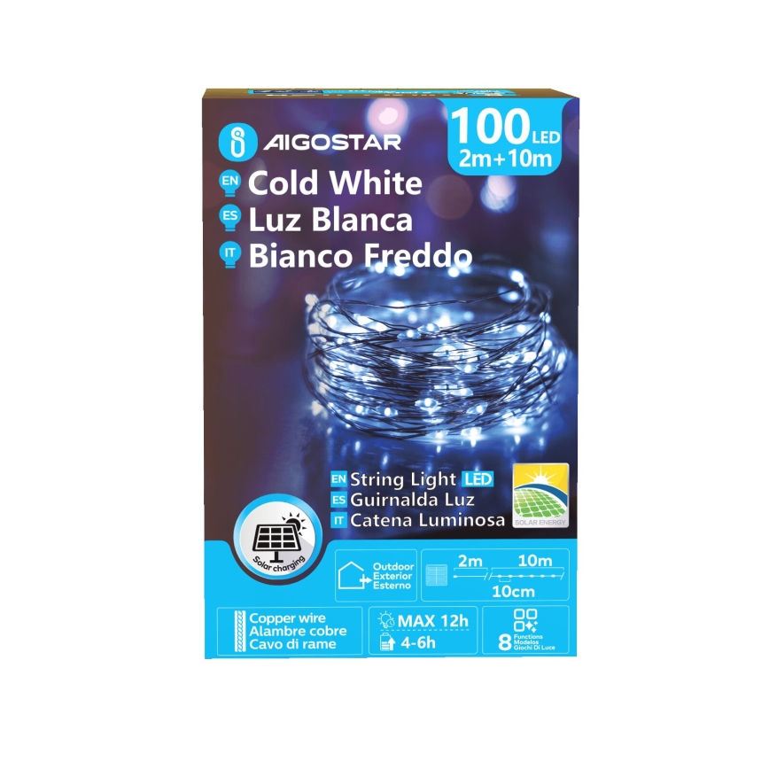 Aigostar - Luzes de Natal LED	solares 100xLED/8 funções 12m IP65 800 mAh branco frio
