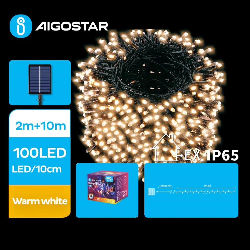 Aigostar - Luzes de Natal LED	solares 100xLED/8 funções 12m IP65 branco quente 800 mAh