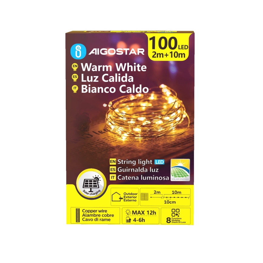 Aigostar - Luzes de Natal LED	solares 100xLED/8 funções 12m 800 mAh IP65 branco quente