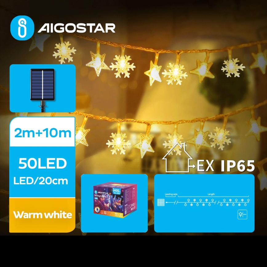 Aigostar - Luzes de Natal LED	solares 50xLED/8 funções 12m 800mAh IP65 branco quente