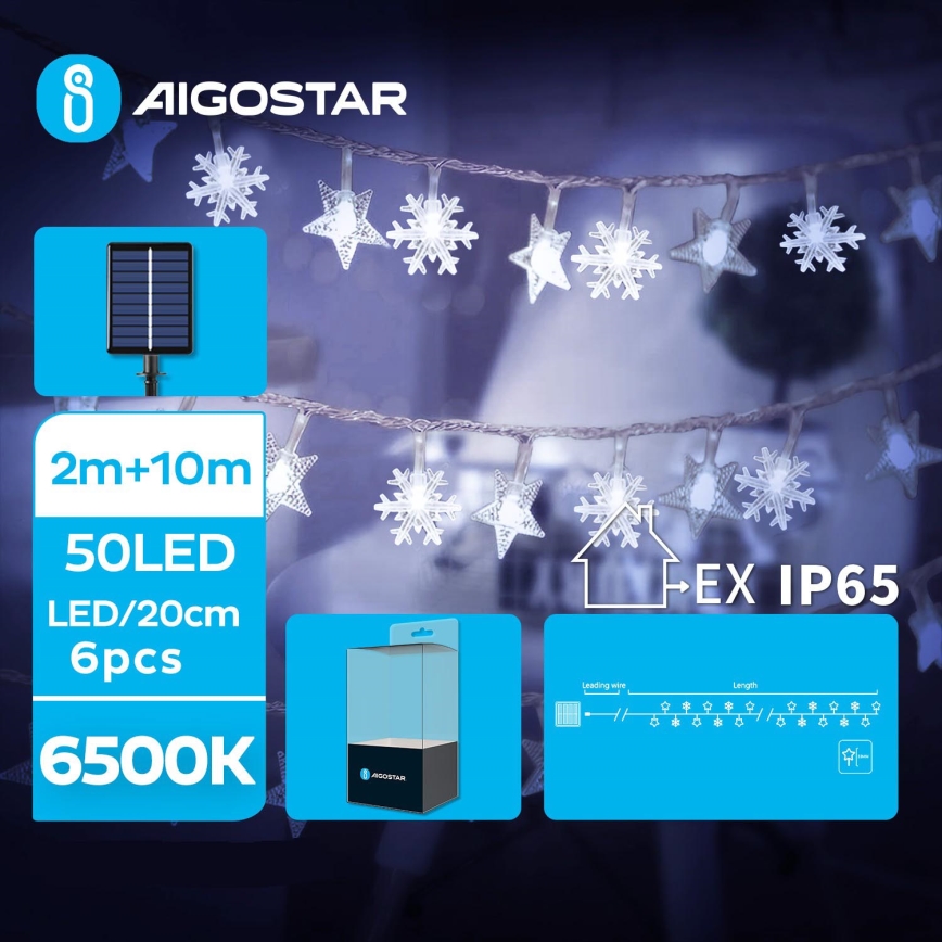 Aigostar - Luzes de Natal LED	solares 50xLED/8 funções 12m IP65 800 mAh branco frio