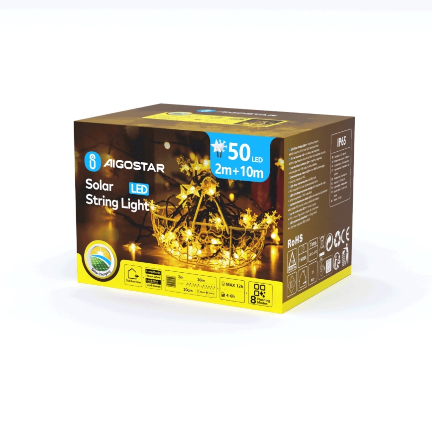 Aigostar - Luzes de Natal LED	solares 50xLED/8 funções 12m 800mAh IP65 branco quente