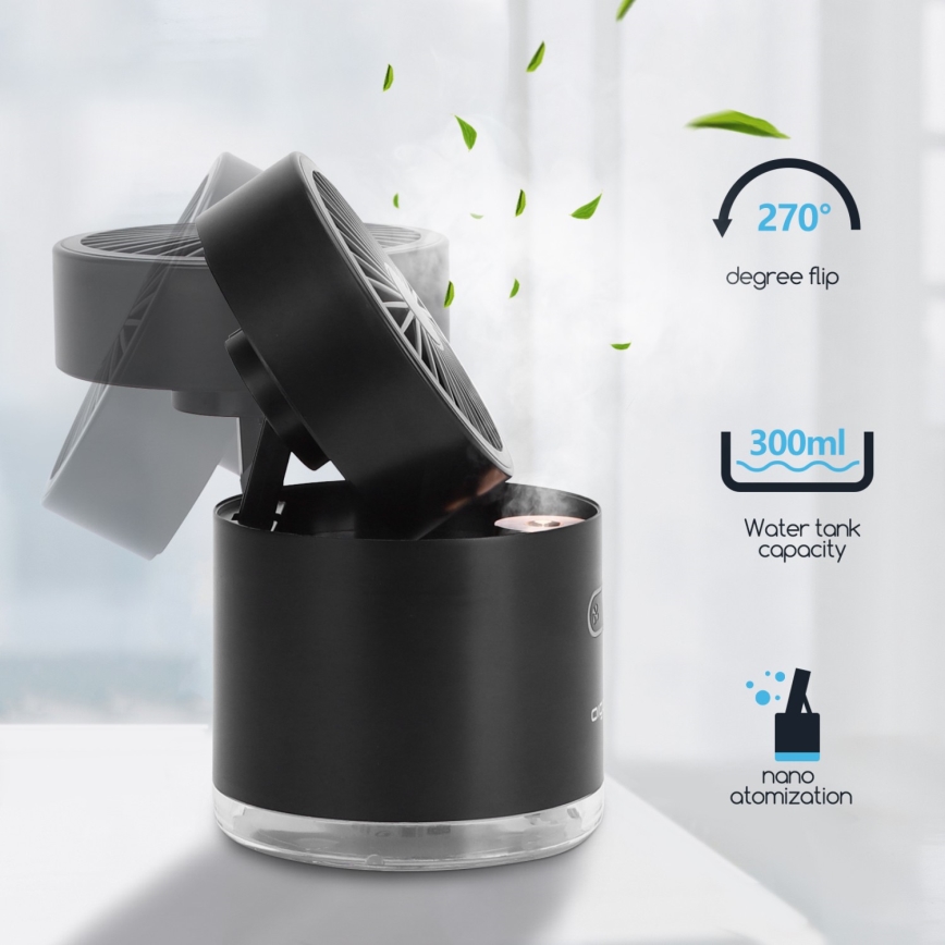 Aigostar - Mini ventoinha de mesa RGB sem fios com efeito de névoa MIST 10W/5V preto