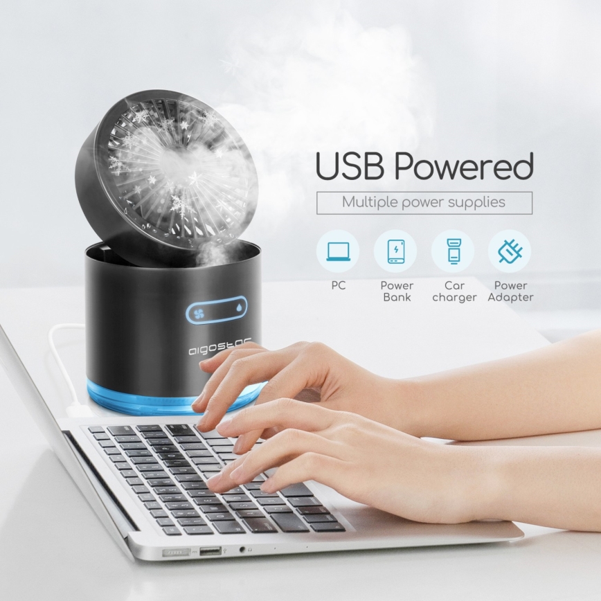 Aigostar - Mini ventoinha de mesa RGB sem fios com efeito de névoa MIST 10W/5V preto