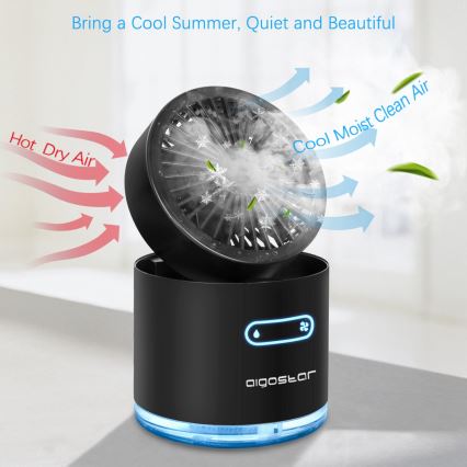 Aigostar - Mini ventoinha de mesa RGB sem fios com efeito de névoa MIST 10W/5V preto