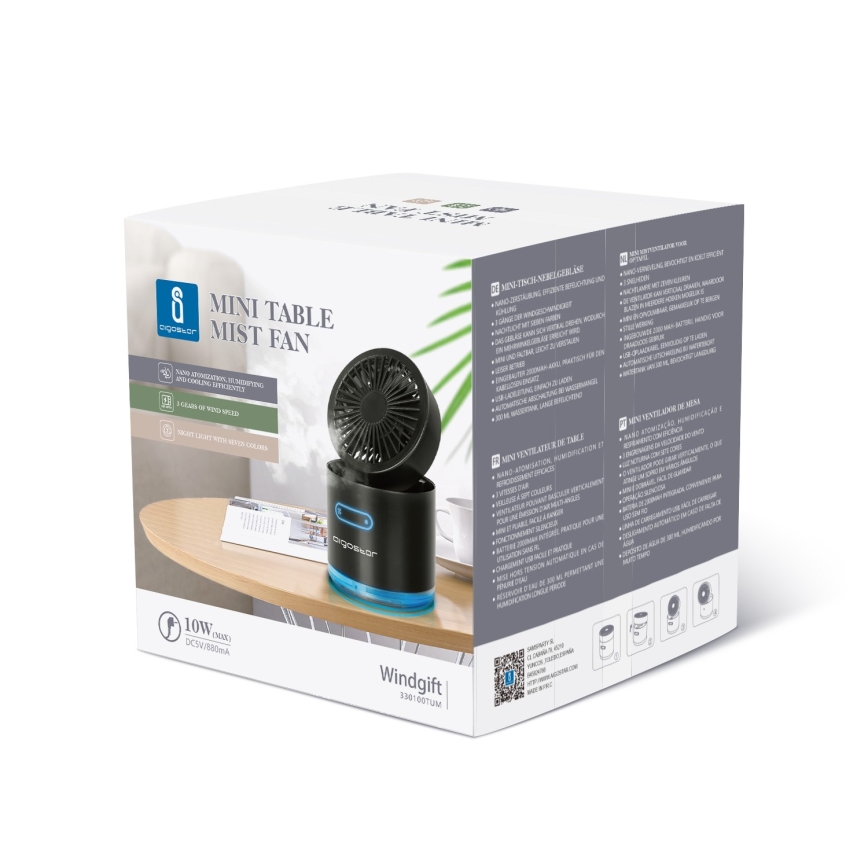Aigostar - Mini ventoinha de mesa RGB sem fios com efeito de névoa MIST 10W/5V preto