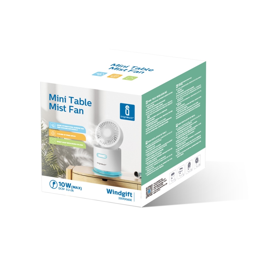 Aigostar - Mini ventoinha de mesa RGB sem fios com humidificador de ar 10W/5V branco