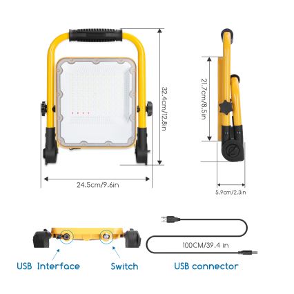 Aigostar - Projetor LED recarregável dimmerizável LED/50W/5V 6500K IP65