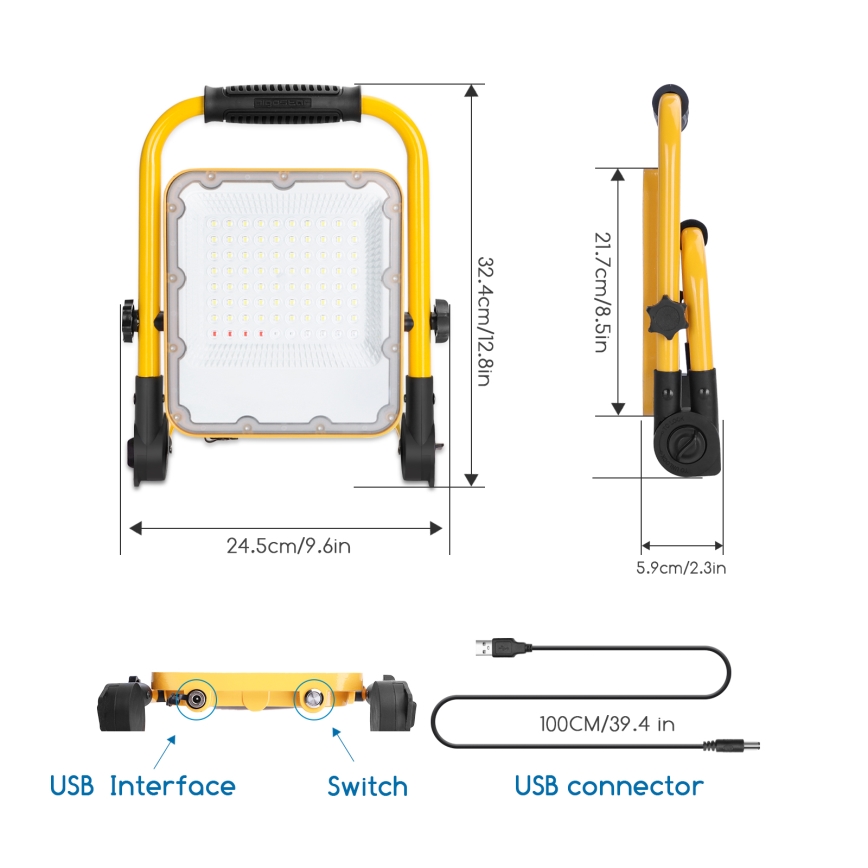 Aigostar - Projetor LED recarregável dimmerizável LED/50W/5V 6500K IP65