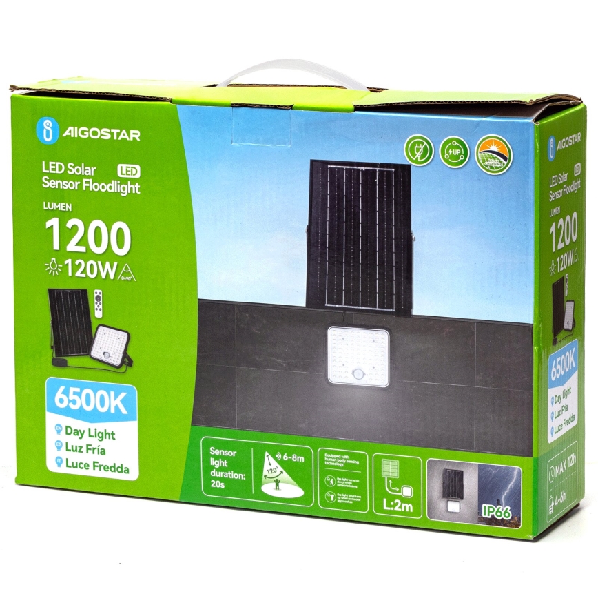Aigostar - Projetor solar LED regulável com sensor LED/120W/3,4V 6500K IP66 8000 mAh + controlo remoto