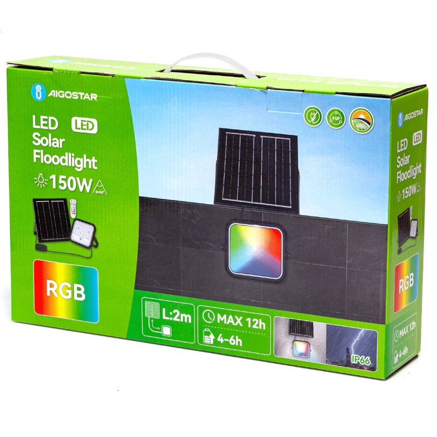 Aigostar - Projetor solar LED RGBW regulável LED/150W/3,4V IP66 12000 mAh + controlo remoto