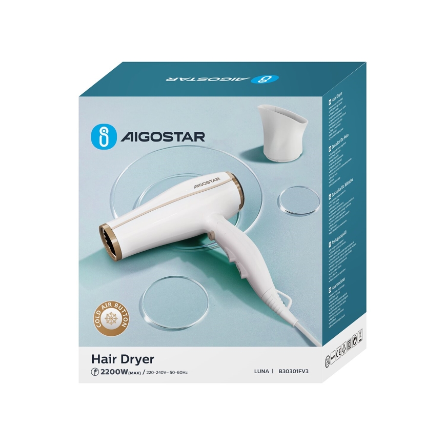 Aigostar - Secador de cabelo com ionizador 2200W/230V branco