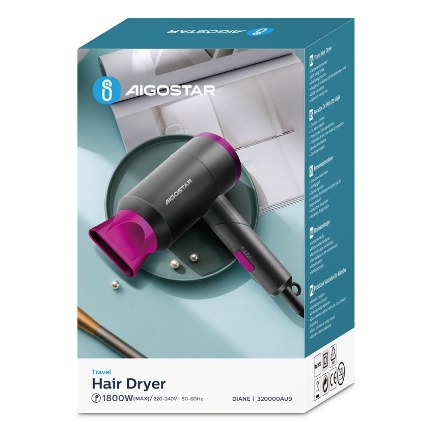 Aigostar - Secador de cabelo para viagens 1800W/230V roxo/preto