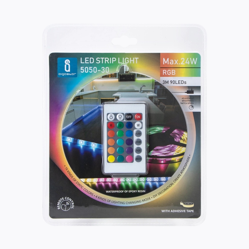 Aigostar - Tira LED RGB com regulação 3m LED/24W/12/230V IP65 + controlo remoto