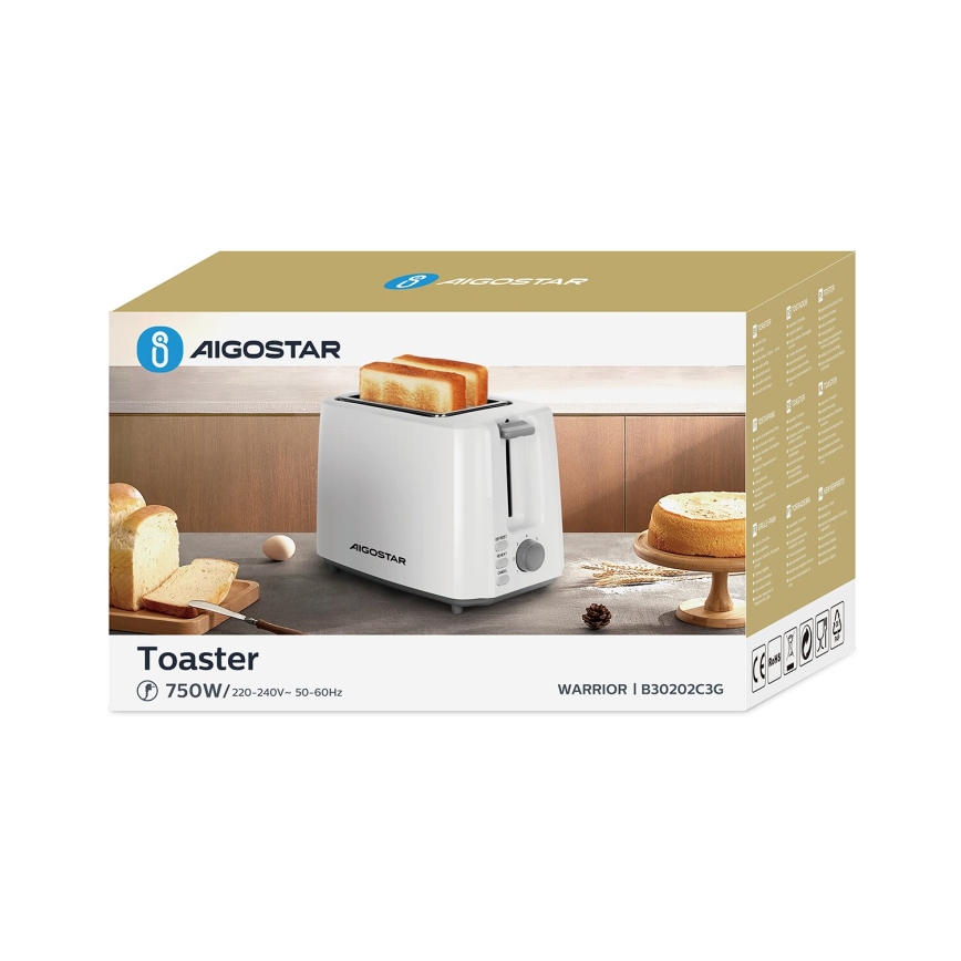 Aigostar - Torradeira com 2 espaços 750W/230V branco