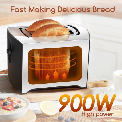 Aigostar - Torradeira com 2 espaços 900W/230V cromado mate