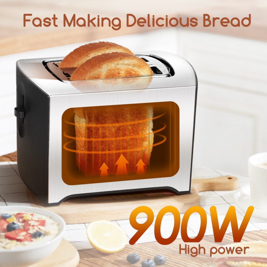 Aigostar - Torradeira com 2 espaços 900W/230V cromado mate