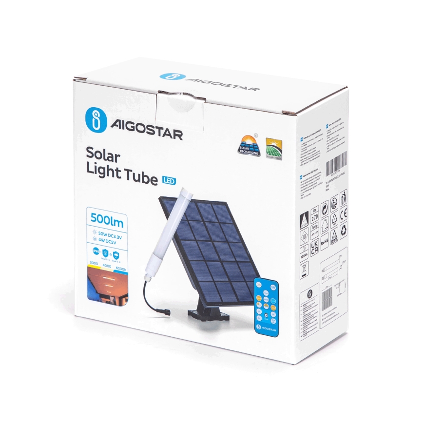 Aigostar - Tubo LED regulável com painel solar LED/3,2V 3000K/4000K/6500K IP65 + comando