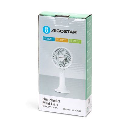 Aigostar - Ventoinha de bolso recarregável 3W/5V 1500mAh USB branco