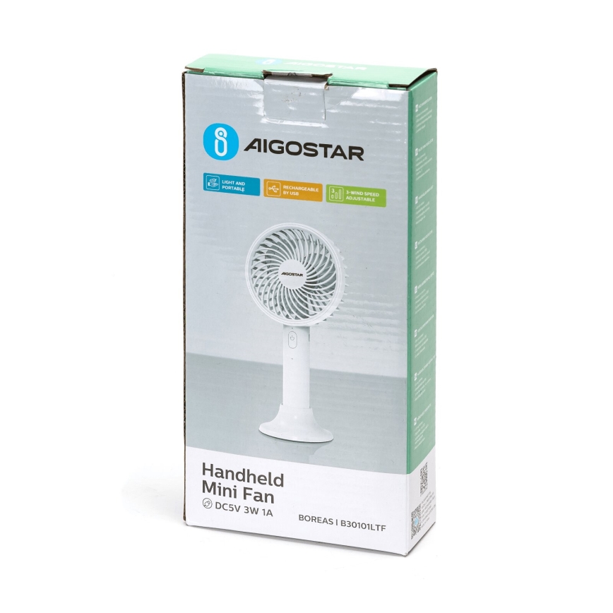 Aigostar - Ventoinha de bolso recarregável 3W/5V 1500mAh USB branco