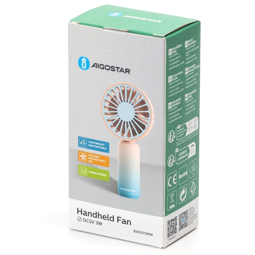 Aigostar - Ventoinha de bolso recarregável 3W/5V 500mAh USB rosa/azul