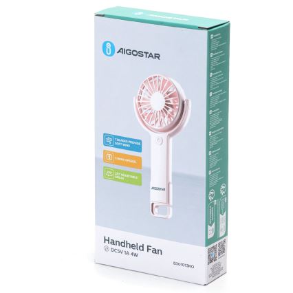 Aigostar - Ventoinha de bolso recarregável 4,5W/3,7V 1200mAh USB rosa