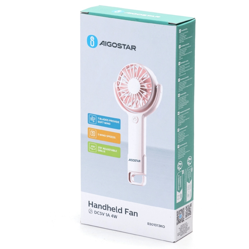 Aigostar - Ventoinha de bolso recarregável 4,5W/3,7V 1200mAh USB rosa