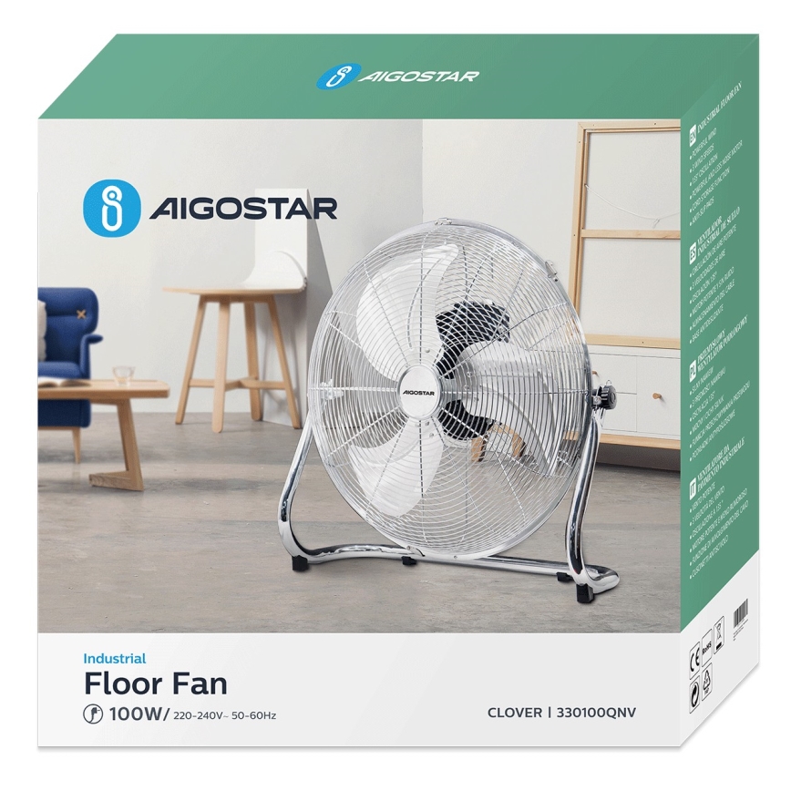 Aigostar - Ventoinha de chão 100W/230V cromado brilhante