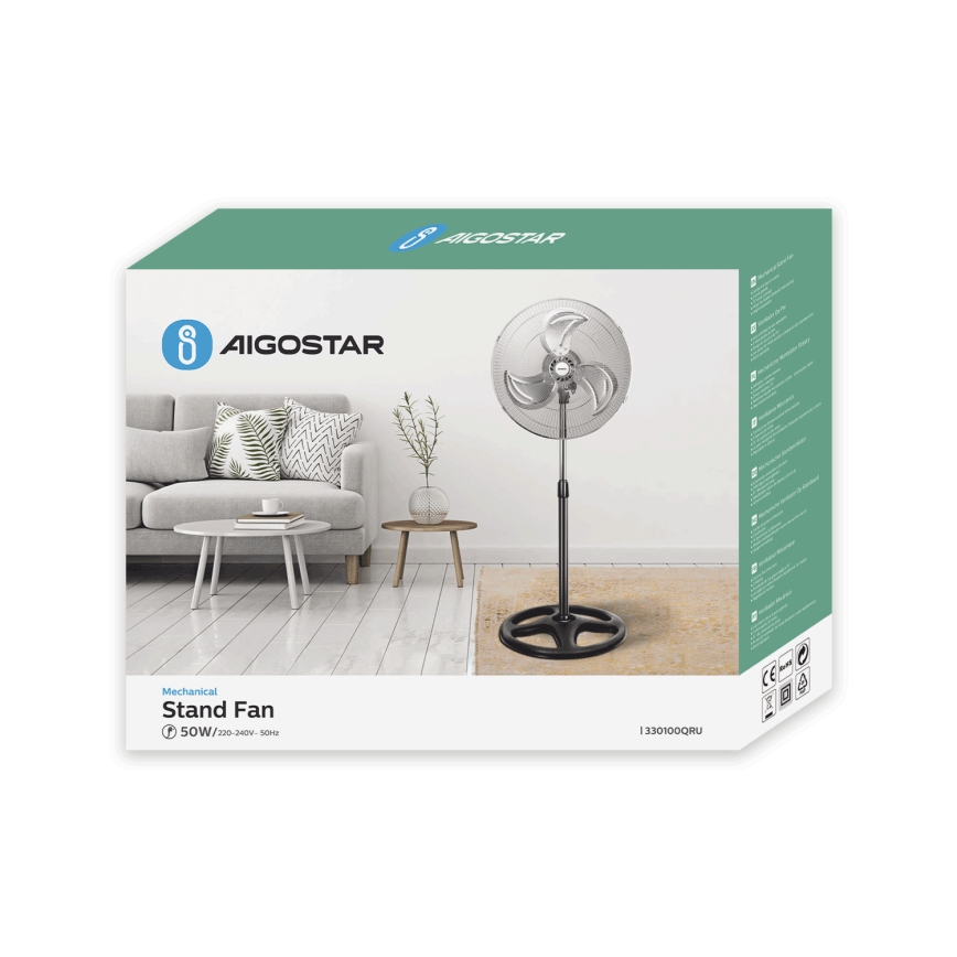 Aigostar - Ventoinha de chão 55W/230V cromado brilhante/preto
