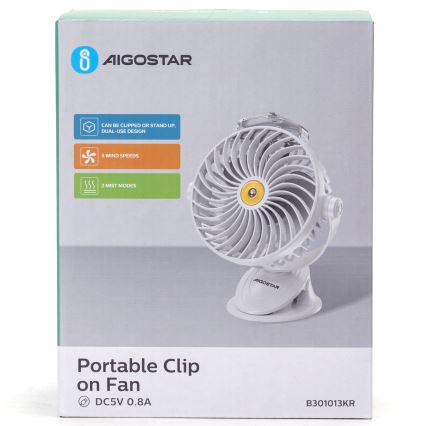 Aigostar - Ventoinha de mesa recarregável com clipe 2W/5V 2400mAh USB branco