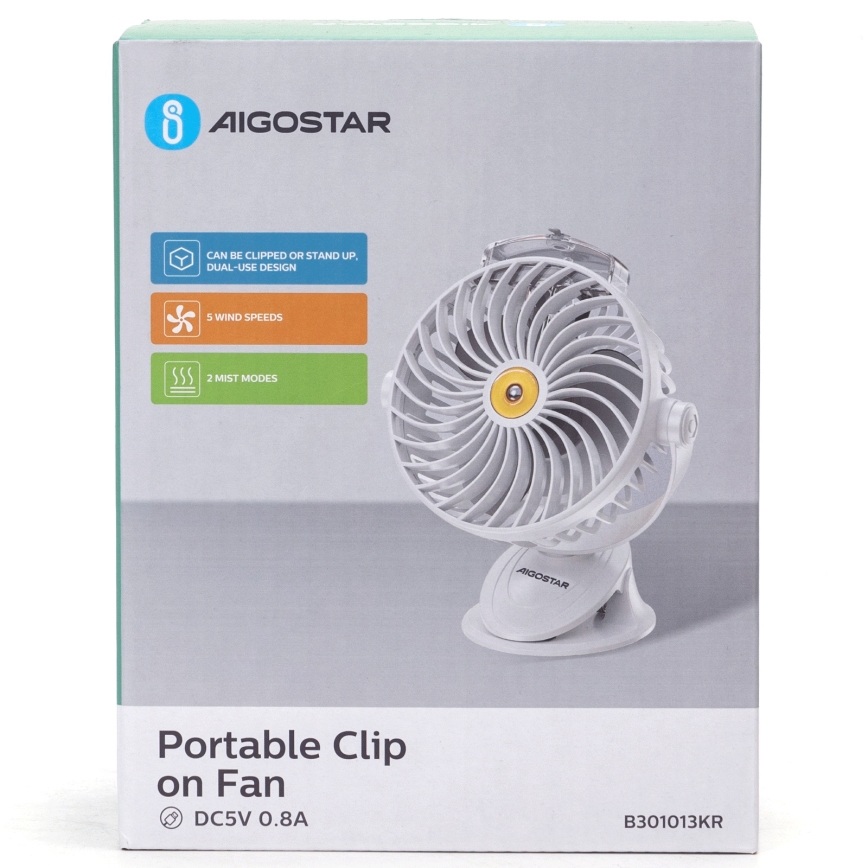 Aigostar - Ventoinha de mesa recarregável com clipe 2W/5V 2400mAh USB branco