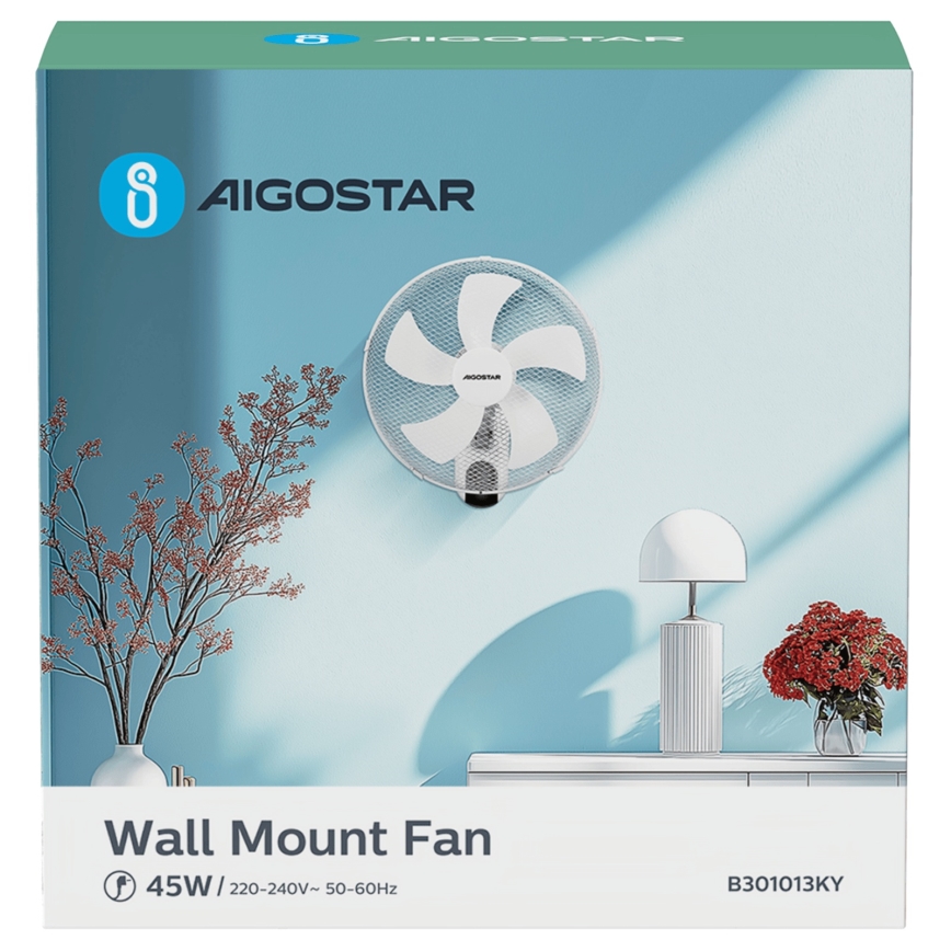 Aigostar -  Ventoinha de parede 45W/230V branco + comando