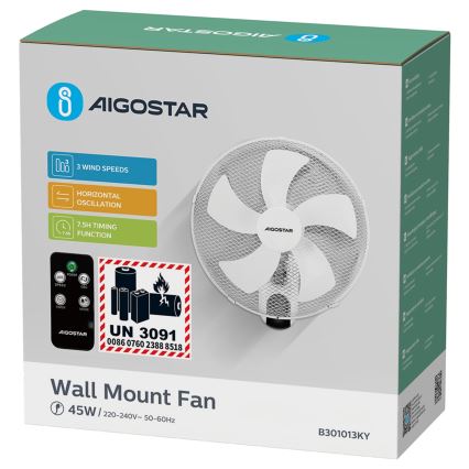 Aigostar -  Ventoinha de parede 45W/230V branco + comando