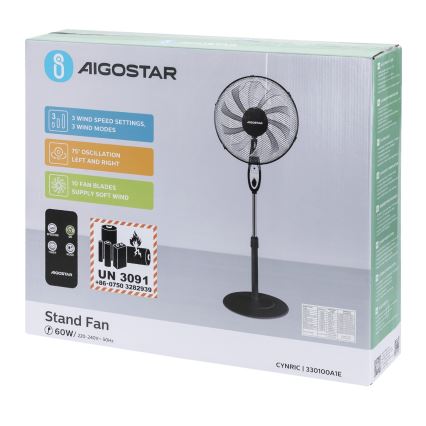 Aigostar - Ventoinha de pé 60W/230V preto + comando
