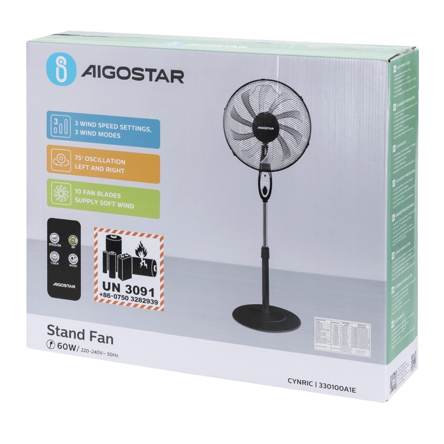 Aigostar - Ventoinha de pé 60W/230V preto + comando