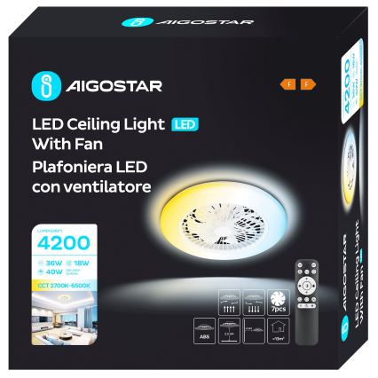 Aigostar - Ventoinha de teto LED com regulação LED/40W/230V 2700-6500K diâmetro 49 cm + comando branco
