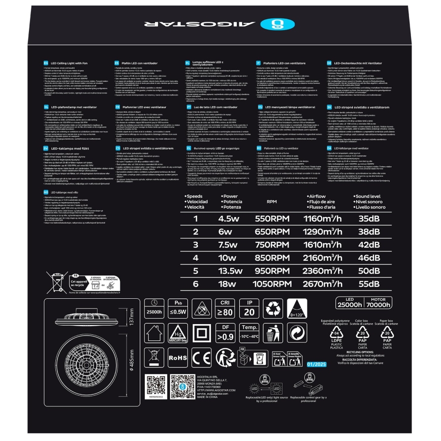 Aigostar - Ventoinha de teto LED com regulação LED/40W/230V 2700-6500K diâmetro 49 cm + comando branco