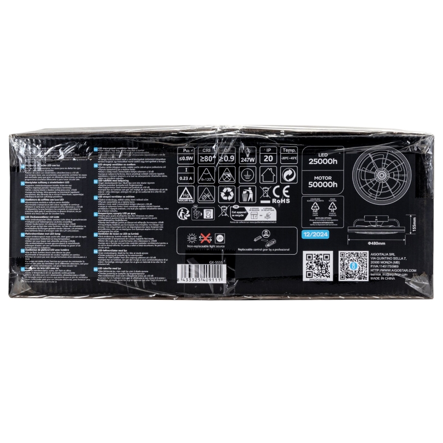 Aigostar - Ventoinha de teto LED com regulação LED/40W/230V 2700-6500K diâmetro 48 cm + comando preto