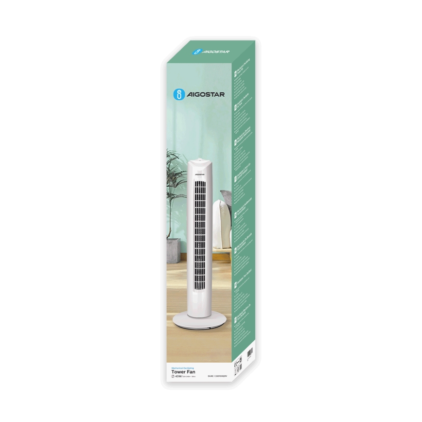 Aigostar - Ventoinha de torre 45W/230V branco