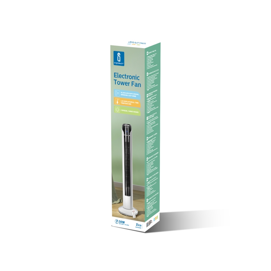 Aigostar - Ventoinha de torre 50W/230V preto/branco + comando