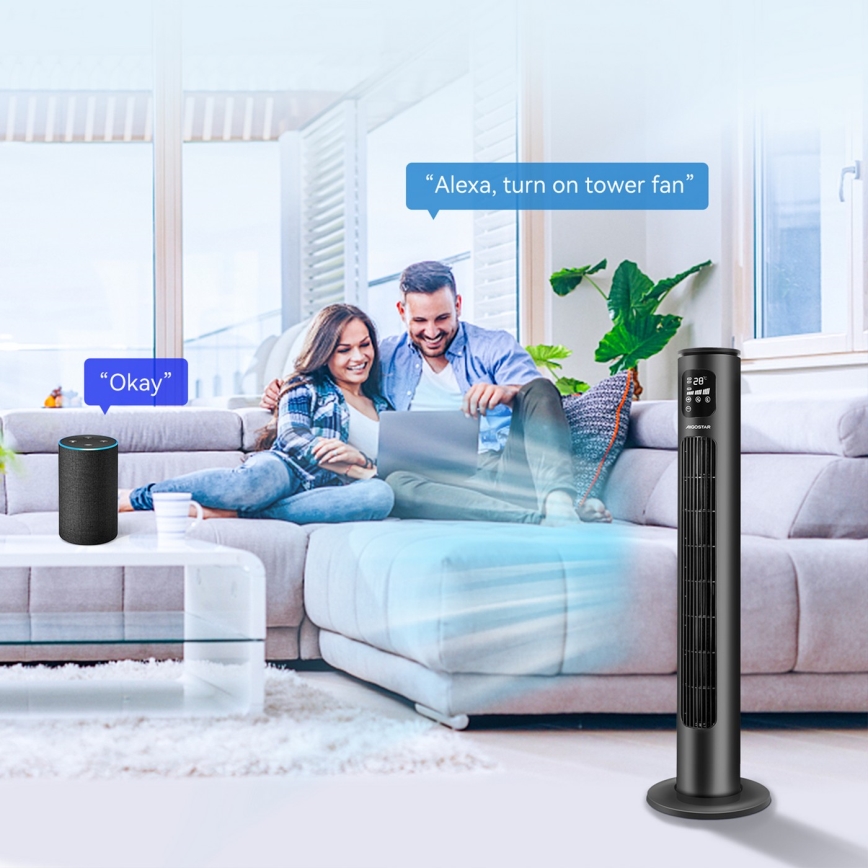 Aigostar - Ventoinha de torre 50W/230V preto Wi-Fi + comando
