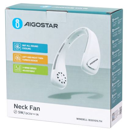 Aigostar - Ventoinha para o pescoço recarregável 4W/5V 2000mAh branco
