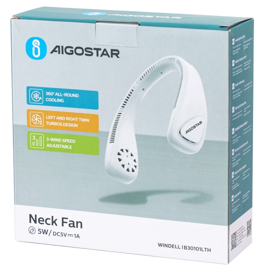 Aigostar - Ventoinha para o pescoço recarregável 4W/5V 2000mAh branco