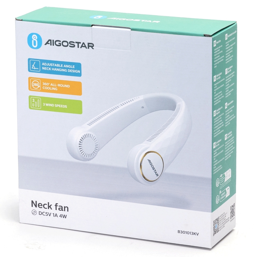 Aigostar - Ventoinha para o pescoço recarregável 4W/5V 2000mAh branco