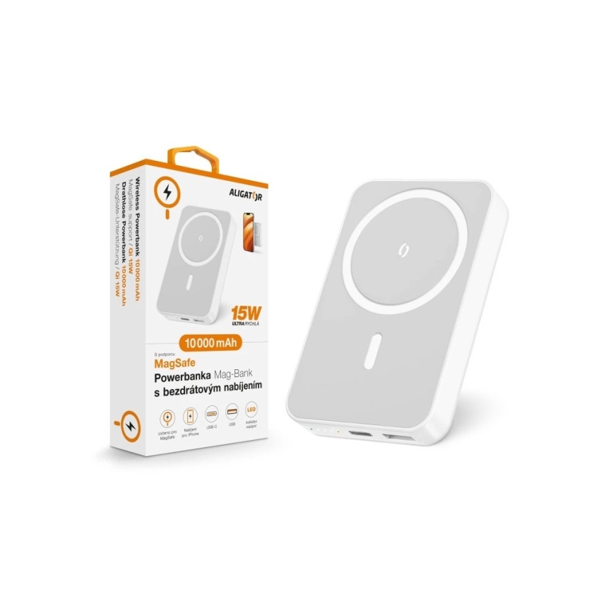 Aligator AMS04WT - Power bank com carregamento sem fios Qi e MagSafe, 10000 mAh, 15W Power Delivery, preto