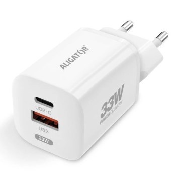 Aligator CHPD0020 - Adaptador de carregamento rápido GaN com Power Delivery de 33W USB-A + USB-C branco