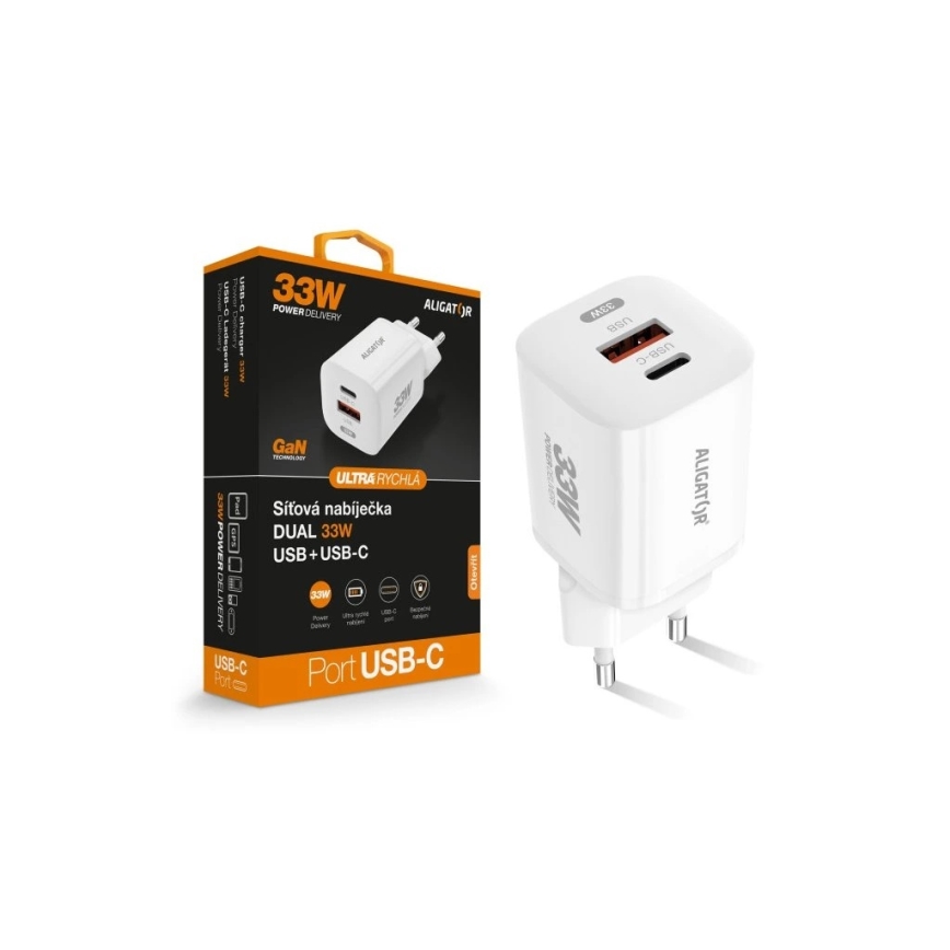Aligator CHPD0020 - Adaptador de carregamento rápido GaN com Power Delivery de 33W USB-A + USB-C branco