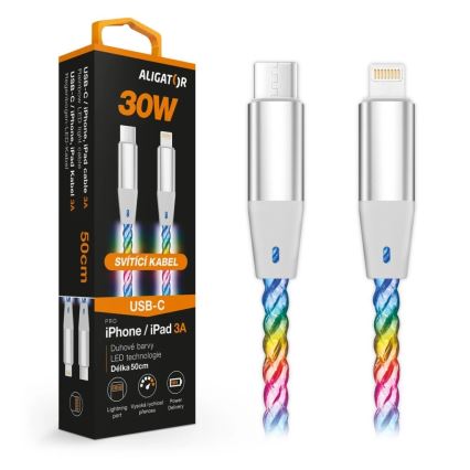 Aligator DATKP65 - cabo USB USB-C / Lightning com iluminação LED 30 W Power Delivery 0,5 m